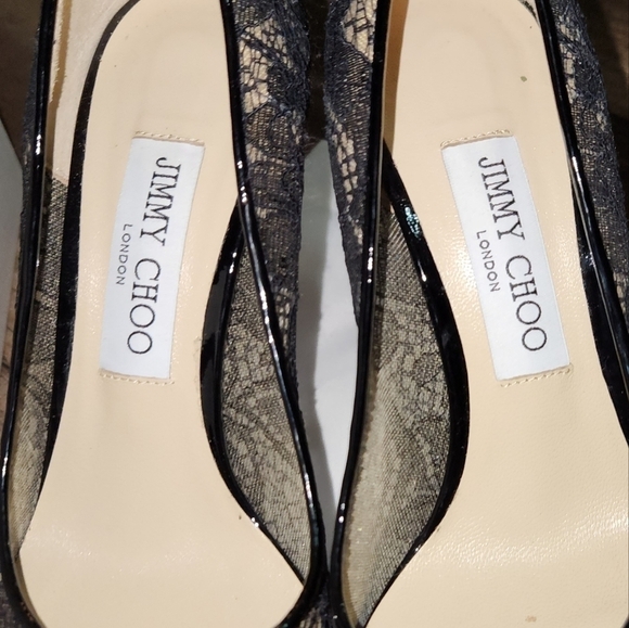 Jimmy Choo Black Luna Peep Toe Lace Pumps, Size 37 /US 7 Authentic - Picture 10 of 13